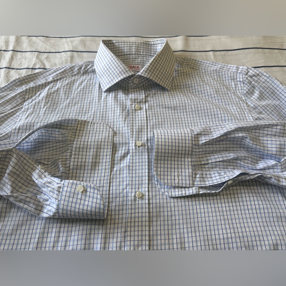 Isaia Napoli Marcus Neiman Blue Check 100% Cotton Men’s Dress Shirt Size 18/45